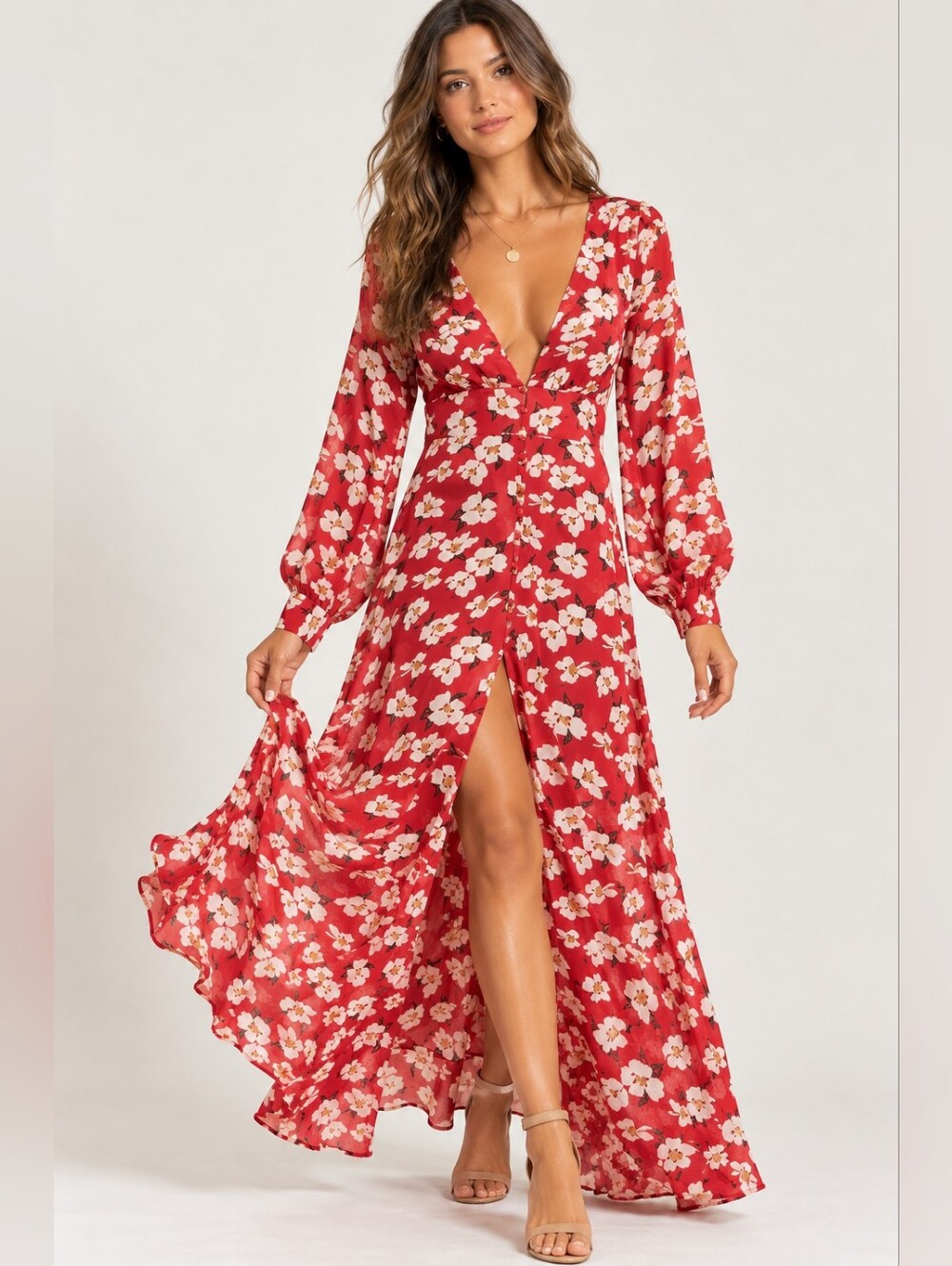 Rosegal Red Floral Long Sleeve Dress